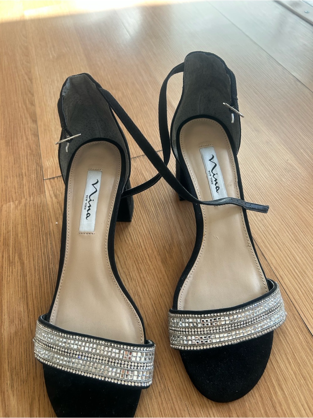 Nina Black Rhinestone-Trim Ankle-Strap Heels